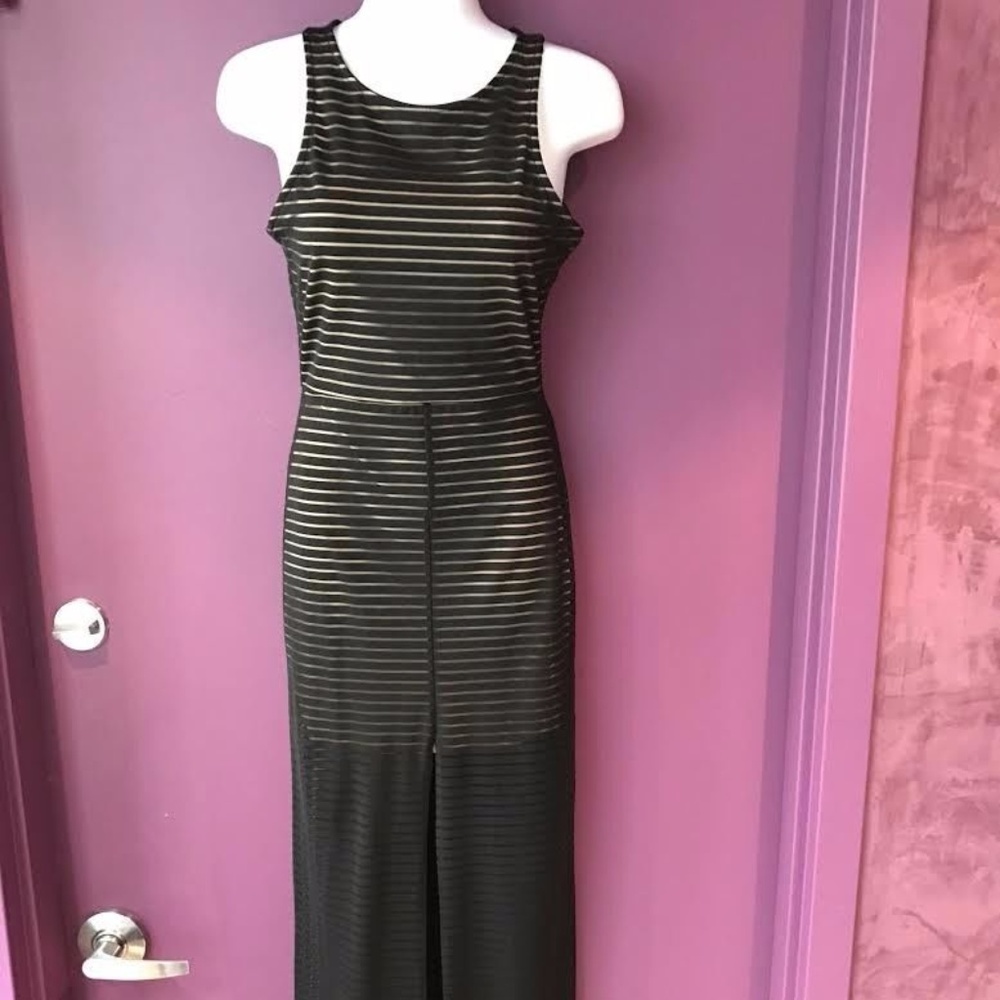 Black sheer striped long form-fitting dress